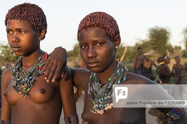 Zwei Mädchen mit Halsketten  ca. 15 -16 Jahre  Stamm der Hamer  Porträt  Turmi  Region der südlichen Nationen  Nationalitäten und Völker  Äthiopien  Afrika