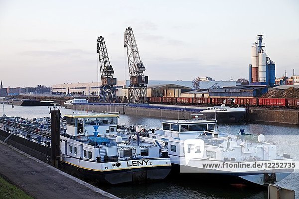 Frachtschiffe im Kanal mit Kränen in Europas größtem Binnenhafen  Duisburg  Ruhrgebiet  Nordrhein-Westfalen  Deutschland  Europa
