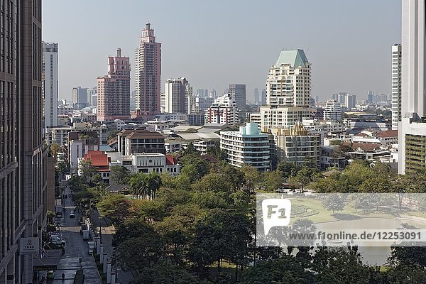 Benchasiri Park and Skyline Sukhumvit  view from EM quarter  Khlong Toei  Bangkok  Thailand  Asia