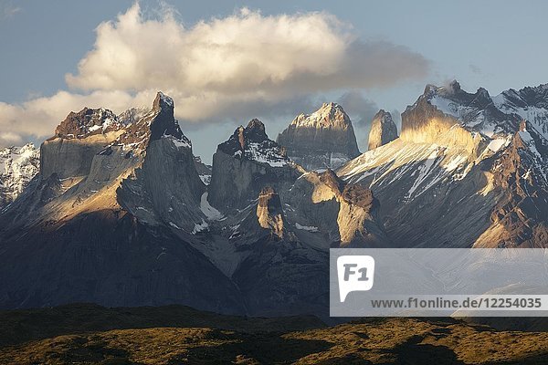Mountains Cuernos del Paine in the evening light  National Park Torres del Paine  Region de Magallanes Antartica  Chile  South America