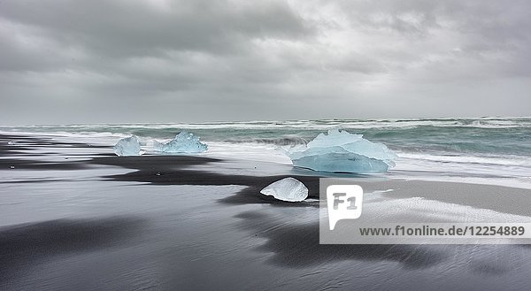 Eisberge am schwarzen Strand von Jökulsárlón  Höfn  Suðurland  Island  Europa