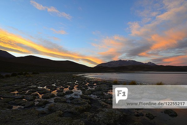 Sonnenuntergang an der Laguna Ramaditas  Lagunenroute  Provinz Nor Lípez  Departement Potosi  Bolivien  Südamerika