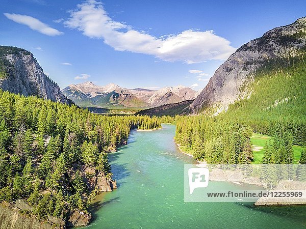 Aerial view of Bow river among canadian Rockies Mountains  Banff National Park  Alberta  Canada  North America
