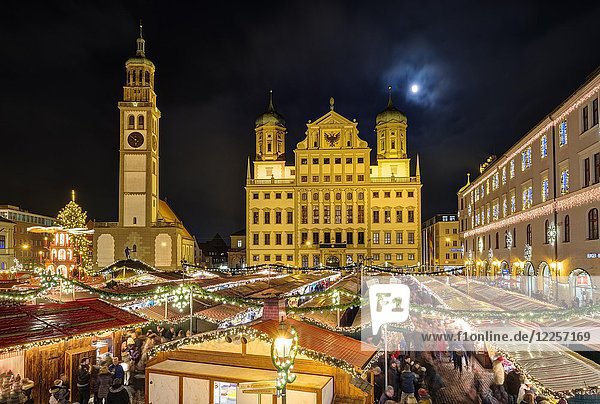 Christmas market  Perlach Tower and Town Hall  Rathausplatz  at night  Augsburg  Swabia  Bavaria  Germany  Europe