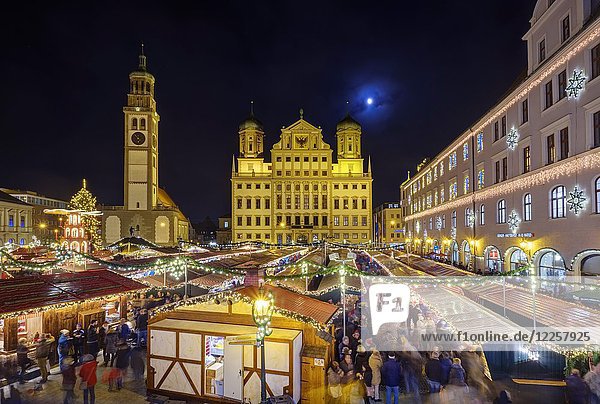 Christmas market  Perlach Tower and Town Hall  Rathausplatz  at night  Augsburg  Swabia  Bavaria  Germany  Europe