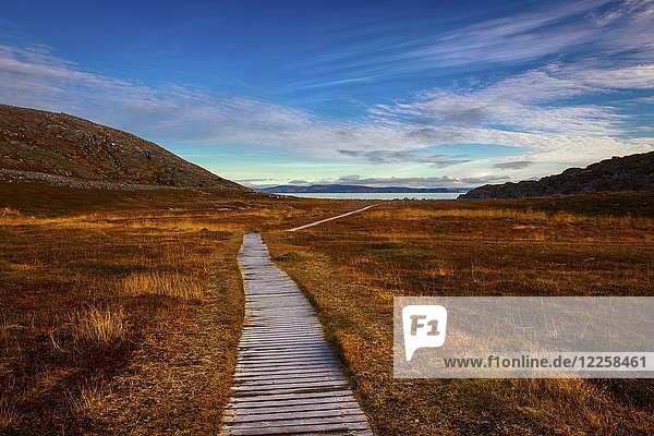 Holzweg im Freilichtmuseum von Forsol in Richtung Bucht Finnmark Norwegen Europa