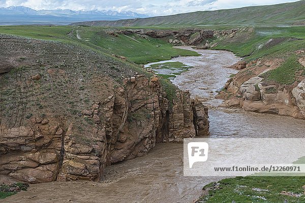 Schlammiger Bergfluss in einer wilden Schlucht  Region Issyk Kul  Kirgisistan  Asien