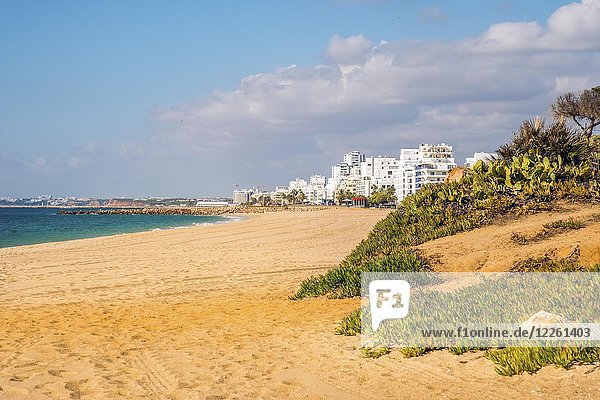 Wide sand beach with apartement resorts  Quarteira  Algarve  Portugal  Europe