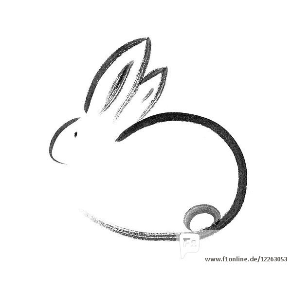 Niedliche minimalistische Hasenfigur künstlerische Illustration Japanische Zen Sumi-e Tuschemalerei auf Reispapier