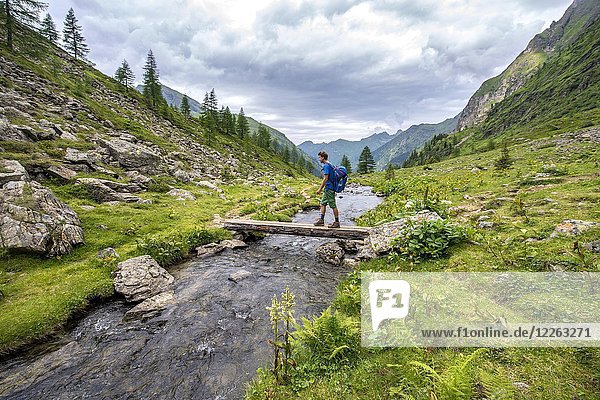 Hiker on a bridge over the Steinriesenbach  hiking trail to the Gollinghütte  Schladminger Höhenweg  Schladminger Tauern  Schladming  Styria  Austria  Europe