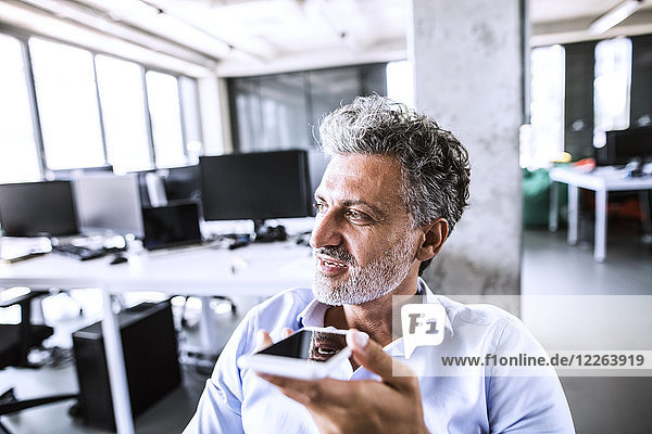 Portrait eines reifen Geschäftsmannes mit Smartphone im Büro