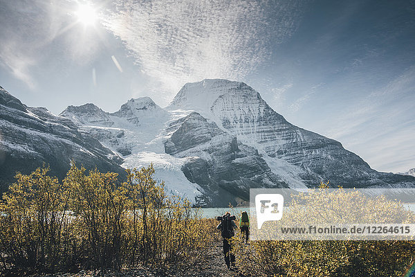 Canada  British Columbia  Mount Robson Provincial Park  two men hiking on Berg Lake Trail
