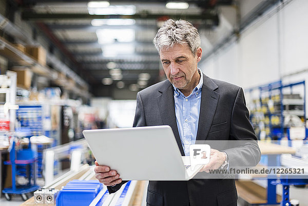 Businessman using laptop in production hall
