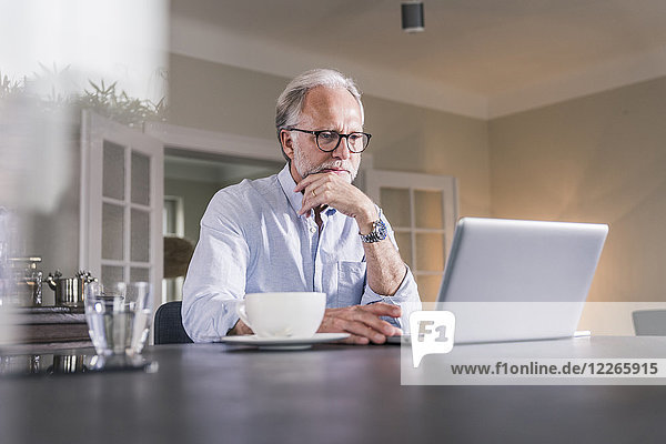 Portrait of mature man sitting at table using laptop at home