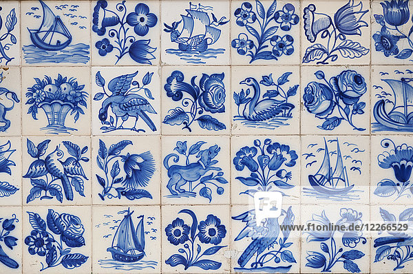 Portugal Lisbon Alfama part of wall with white and blue azulejos