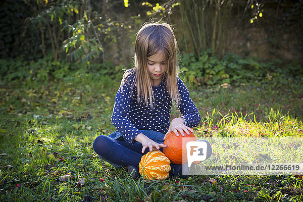 Little girl sitting on meadow in autumn playing with pumpkins