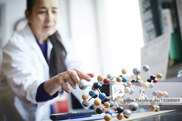 Reife Lehrerin berührt Molekülstruktur auf dem Tisch des Universitäts-Chemielabors