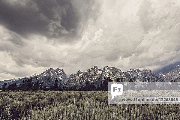 Vorbeiziehende Gewitterwolken über der malerischen Landschaft des Grand Teton National Park  Wyoming  USA