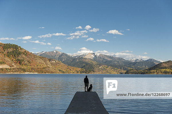 Silhouette eines Mannes  der mit einem deutschen Schäferhund auf einem Steg am See steht und die schöne Landschaft bewundert  Swan Valley  Idaho  USA