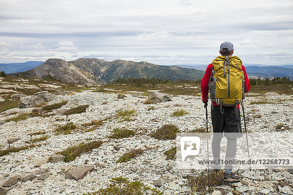 Backpacker hiking through Illal Meadows  British Columbia  Canada