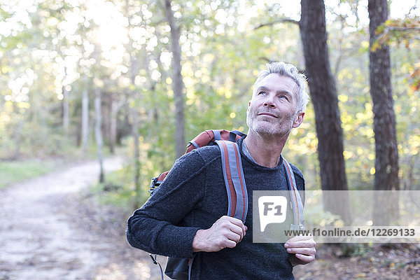 Grauhaariger Mann  der lächelt und aufblickt  während er mit Rucksack im Wald wandert  Massachusetts  USA