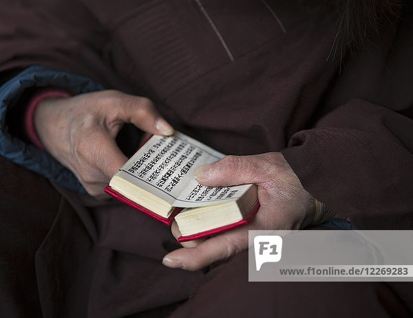 Nahaufnahme einer Person,  die ein lila Gewand trägt und ein Gebetbuch in der Hand hält.
