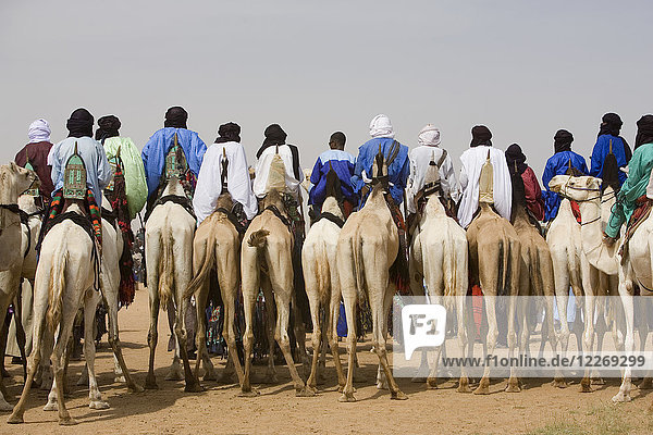 Rückansicht einer großen Gruppe von Männern  die auf Kamelen in der Wüste reiten.