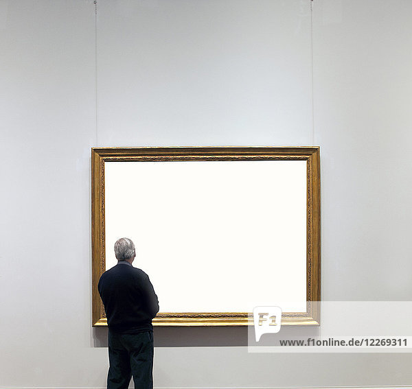 Rückansicht eines Mannes  der in einer Kunstgalerie steht und auf einen leeren vergoldeten Rahmen schaut.