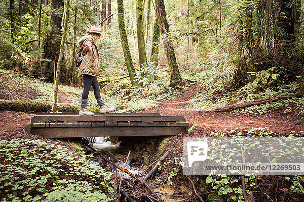 Young woman in forest balancing on footbridge