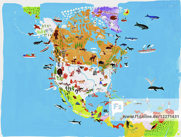 Illustrierte Karte der nord- und mittelamerikanischen Kultur und Tierwelt