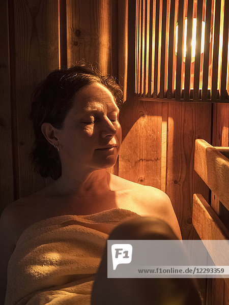 Woman relaxing in sauna of Paracelsus-Therme  Bad Liebenzell  Baden-Württemberg  Germany