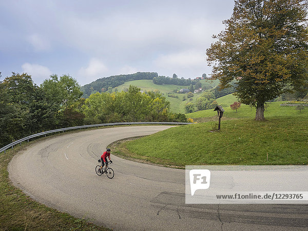 Man riding racing bicycle on cycling tour in the Southern Black Forest  Baden-Württemberg  Germany