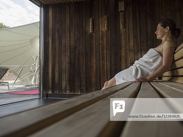 Woman relaxing in sauna of Palais-Thermal  Bad Wildbad  Baden-Württemberg  Germany