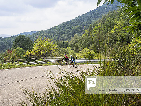 Two men riding racing bicycle on cycling tour in the Black Forest  Germany