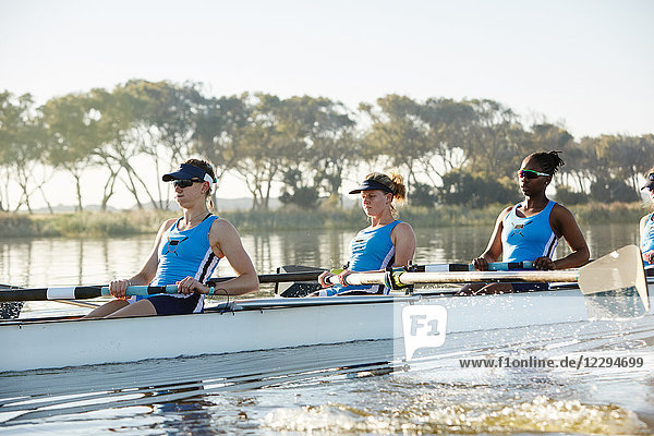 Female rowing team rowing scull on sunny lake