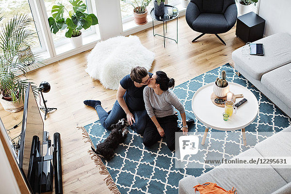 High angle view of lesbian couple kissing while sitting by dog on carpet in living room