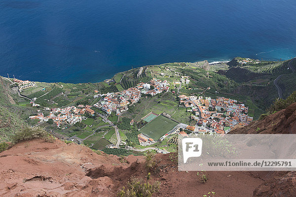 High angle view of town by sea seen from mountain peak  Agulo  Island La Gomera  Spain