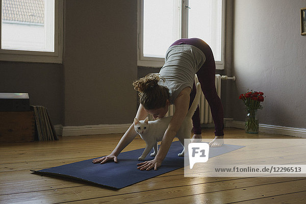 Full length of woman practicing downward facing dog position with cat on exercise mat at home