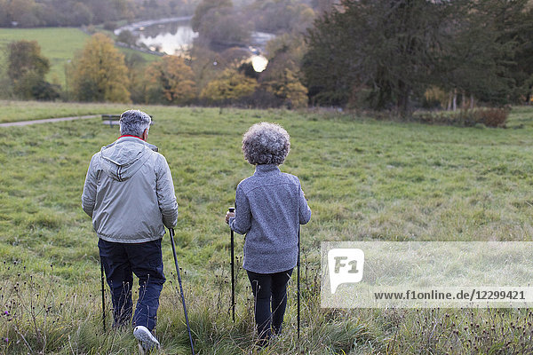 Active senior couple hiking with poles in rural field