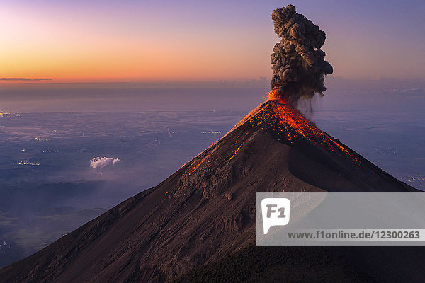Majestic view of Fuego Volcano erupting at sunrise,  Guatemala
