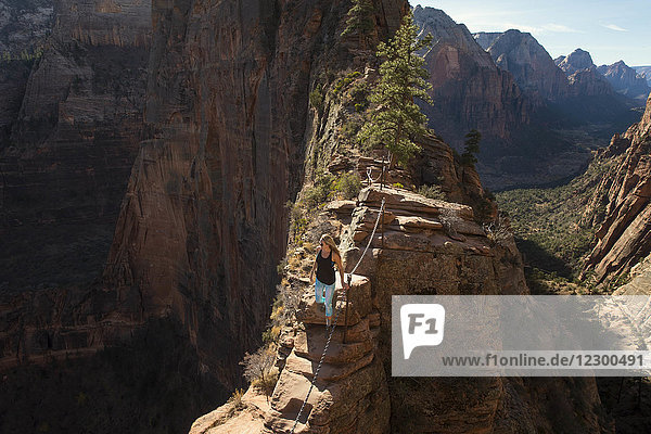 Alleinstehende junge Frau beim Wandern im extremen Gelände des Canyons  Angels Landing  Zion National Park  Utah  USA