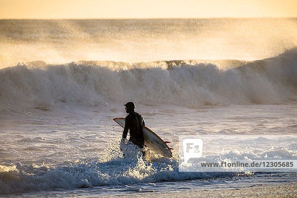 Surfer im Neoprenanzug geht und trägt Surfbrett im Meer bei Sonnenuntergang