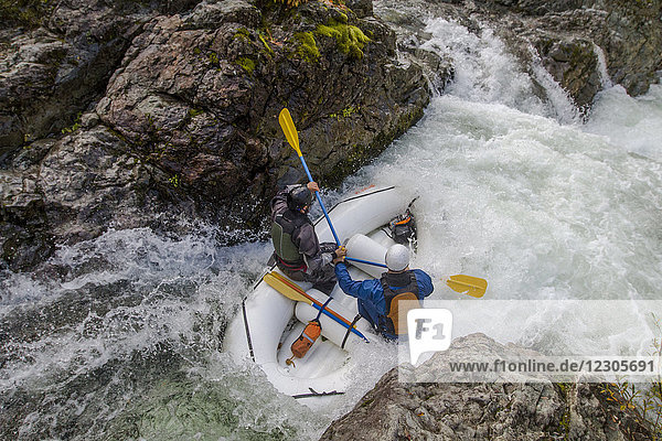 View from above of whitewater rafters dropping into Thors Playroom rapid on section of upper Little North Santiam River in Opal Creek Wilderness  Oregon  USA