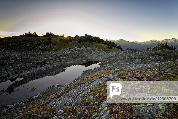Landscape wit mountain lake at sunrise  Whistler  BC  Canada