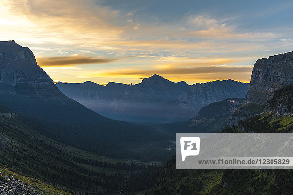 Scenic view of Glacier National Park valley at summer dawn Montana USA