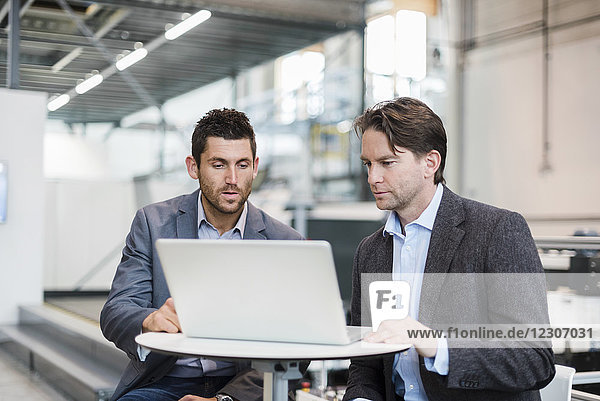 Two businessmen sharing laptop in factory