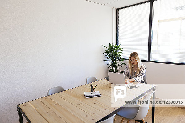 Blonder Büroangestellter am Schreibtisch sitzend  mit Laptop