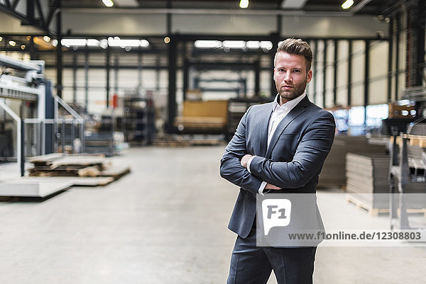 Portrait of confident businessman standing on factory shop floor