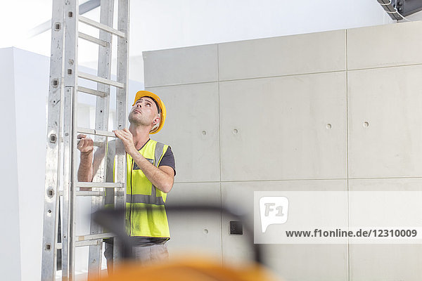 Construction worker holding ladder