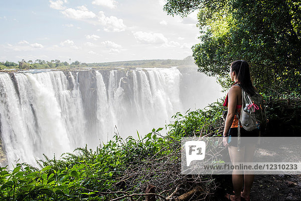 Junge Touristin mit Blick auf die Victoriafälle  Simbabwe  Afrika